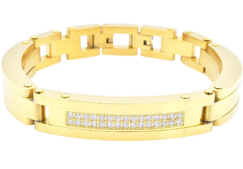 Women’s elegant bracelet-Mens Gold Stainless Steel Link Bracelet With Cubic Zirconia