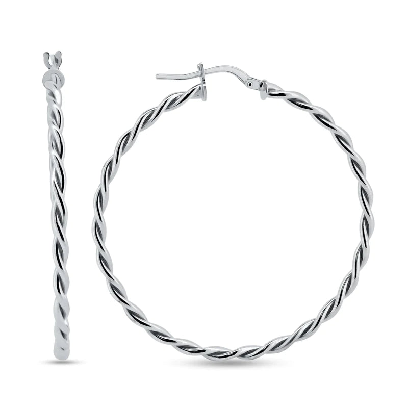 Women’s small hoop earrings-Silver 925 Rhodium Plated Silver Twisted Hoop Earrings