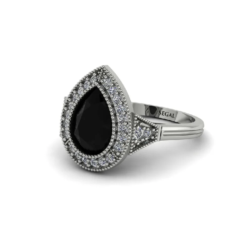 Women’s round cut engagement ring-Pear Cut Black Diamond Milgrain Halo Engagement Ring - Daleyza No. 9