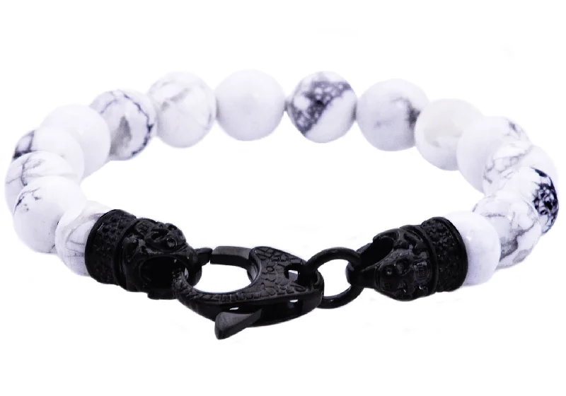 Women’s chunky bracelet-Mens Genuine Howlite Black Plated Stainless Steel Beaded Bracelet With Black Cubic Zirconia