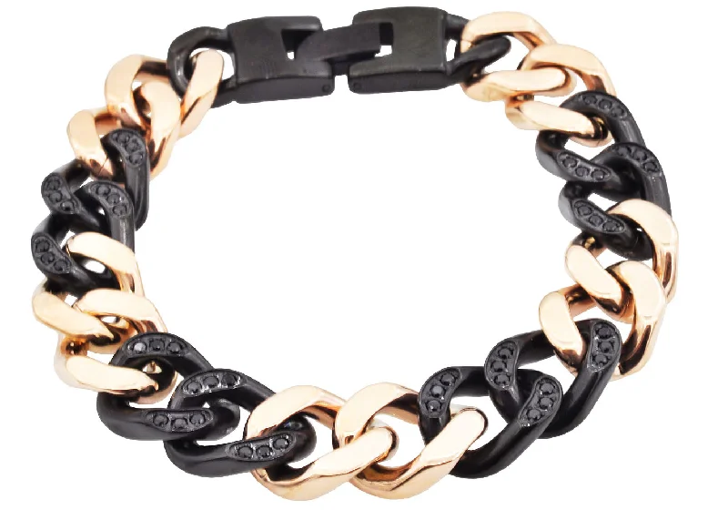 Women’s luxury bangle-Mens Black And Rose Gold Stainless Steel Curb Link Chain Bracelet With Cubic Zirconia