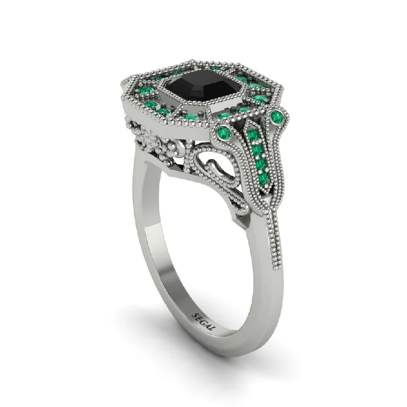 Women’s halo diamond engagement ring-Black Diamond Emerald Cut Art Deco Engagement Ring - Dawn No. 24