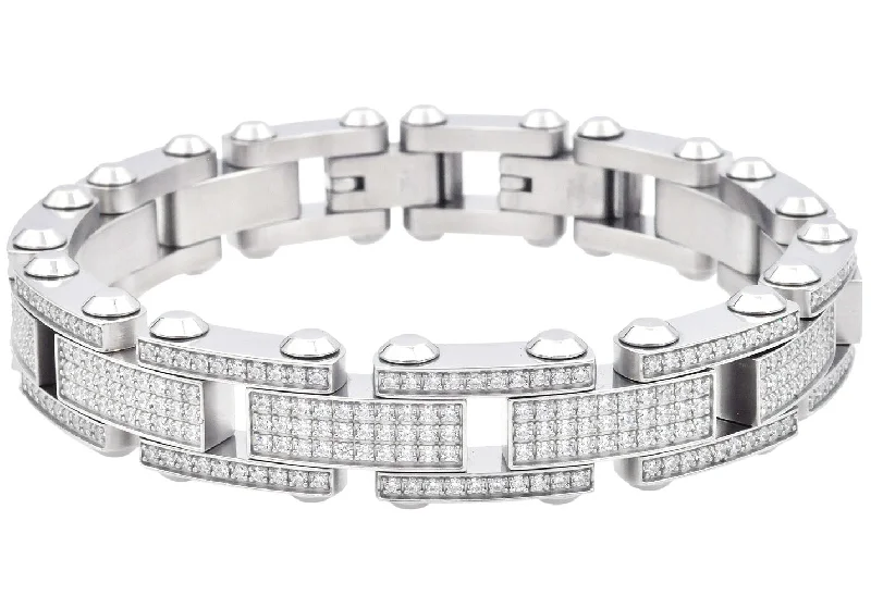 Women’s cuff bracelet-Mens Stainless Steel Link Bracelet With Cubic Zirconia