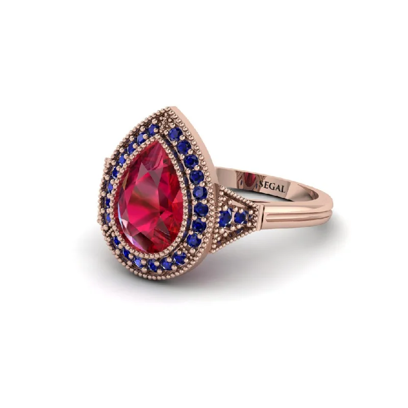 Women’s wedding band set-Pear Cut Ruby Milgrain Halo Engagement Ring - Daleyza No. 71