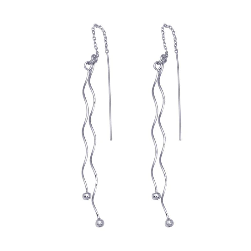 Women’s long dangling earrings-Silver 925 Rhodium Plated Two Twisted Wire Threaded Hanging Ball Hook Earrings