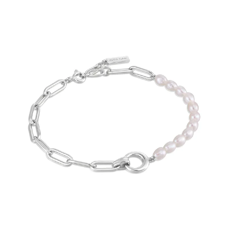 Women’s simple bracelet-Sterling Silver Freshwater Pearl & Paperclilp Chain Bracelet by Ania Hiae