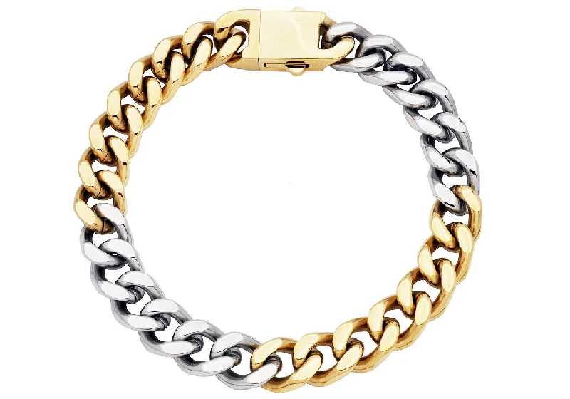 Women’s eco-friendly bracelet-Mens 10mm Two-Toned Gold Plated Stainless Steel Cuban Link Chain Bracelet