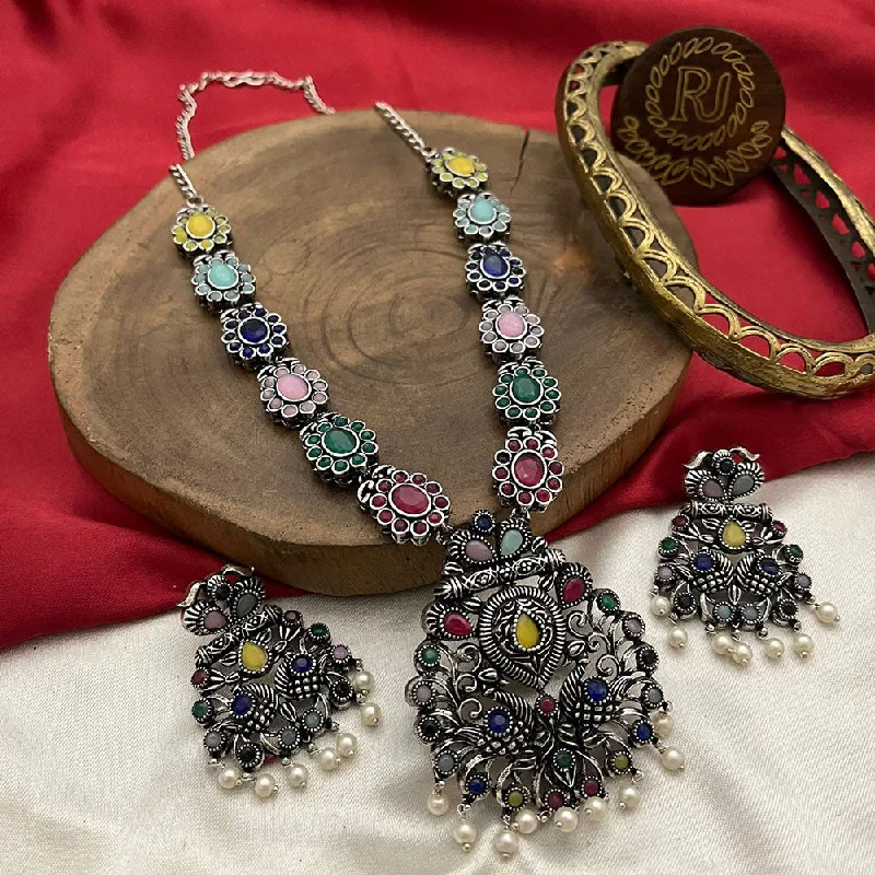 Women’s fashion necklace-FS Collection Oxidised Plated Pota Stone And Pearls Necklace Set