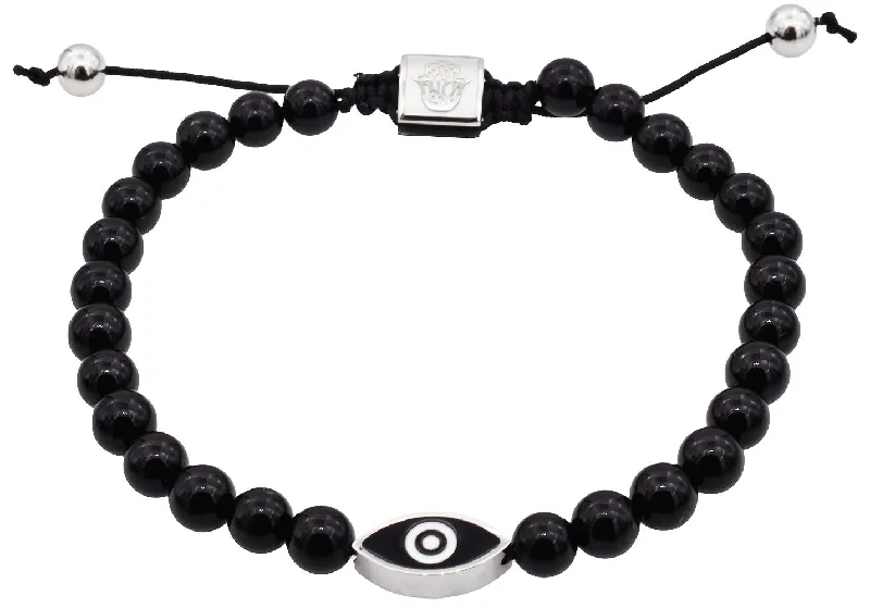 Women’s pearl bracelet-Mens Genuine Onyx 6mm Bead Stainless Steel Drawstring Evil Eye Bracelet