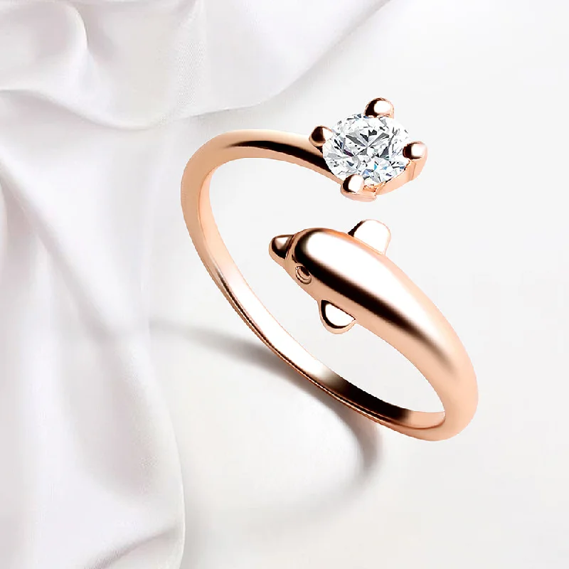 Women’s trendy ring-Mahi Rose Gold Plated Dolphin Shaped Adjustable Finger Ring with Cubic Zirconia for Women (FR1103167ZWhi)