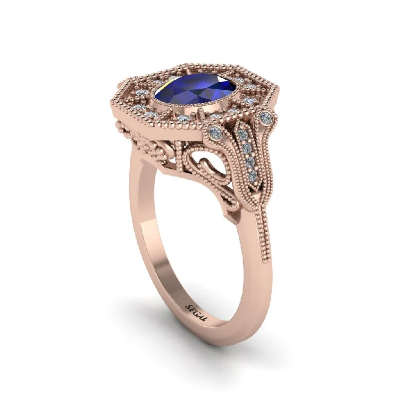 Women’s diamond solitaire ring-Sapphire Oval Cut Art Deco Engagement Ring - Tabitha No. 14