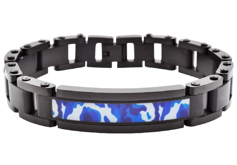 Women’s colorful bangle-Mens Black Stainless Steel Blue Camo ID Link Bracelet