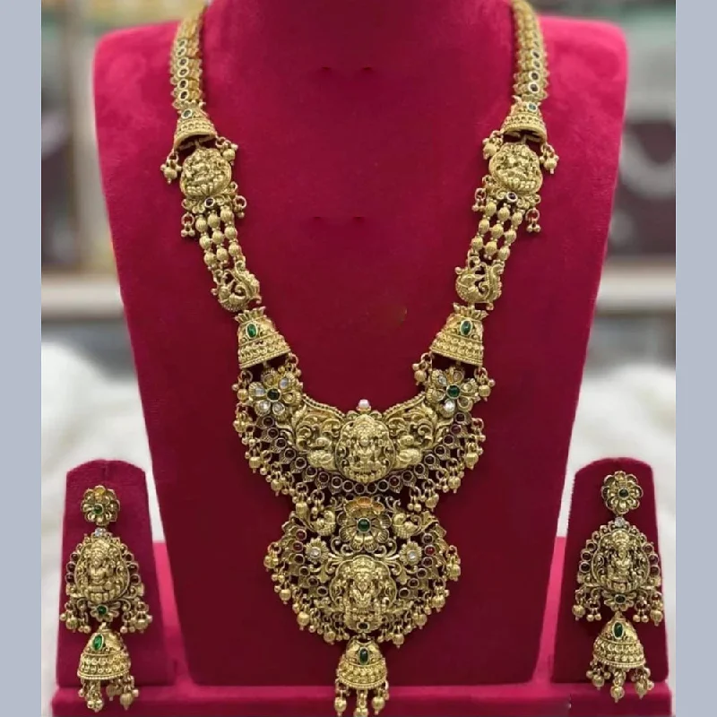 Women’s birthstone necklace-Manisha Jewellery Gold Plated Pota Stone Temple Long Necklace Set