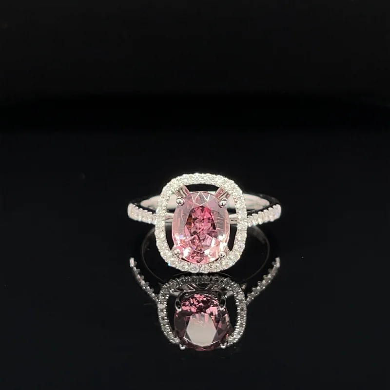 Women’s princess cut diamond engagement ring-Pink Tourmaline & Diamond 2.08ctw Oval Floating Halo 3D Engagement Ring in 18k White Gold - #361 - RGTOM000138