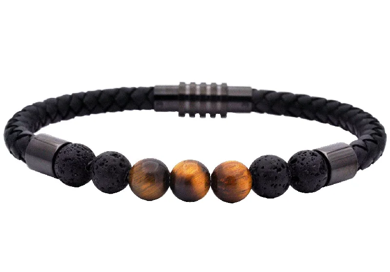 Women’s floral bracelet-Mens Genuine Tiger Eye and Lava Stone Black Leather Stainless Steel Bracelet