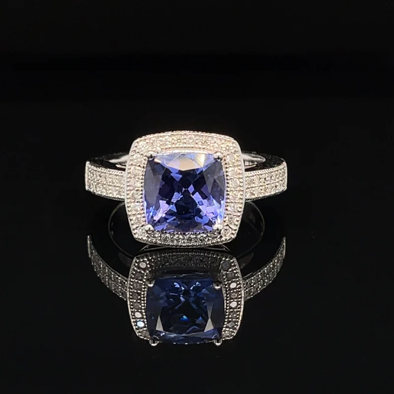 Women’s chic diamond engagement ring-Tanzanite & Diamond 3.48ctw Cushion Halo Engagement Ring in 18k White Gold - #427 - RGTAN009054