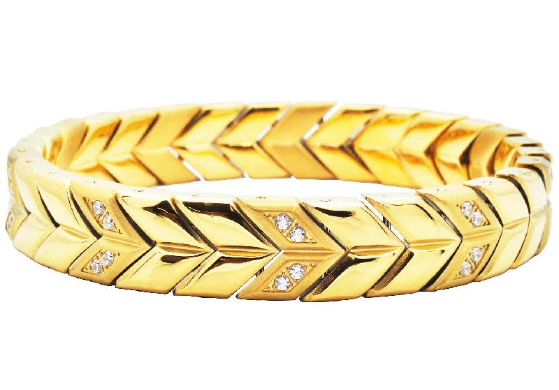 Women’s eco-friendly bracelet-Men's 12mm Gold Plated Chevron Woven Stainless Steel Bracelet With Cubic Zirconia