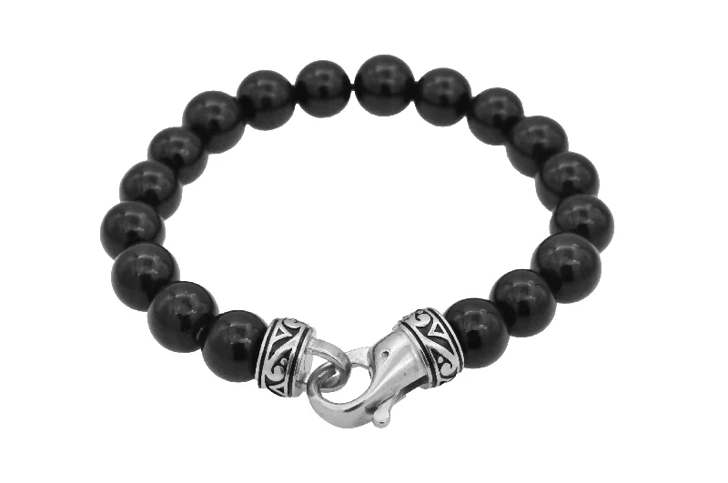 Women’s stackable bracelets-Mens Genuine 10mm Onyx Stainless Steel Beaded Bracelet