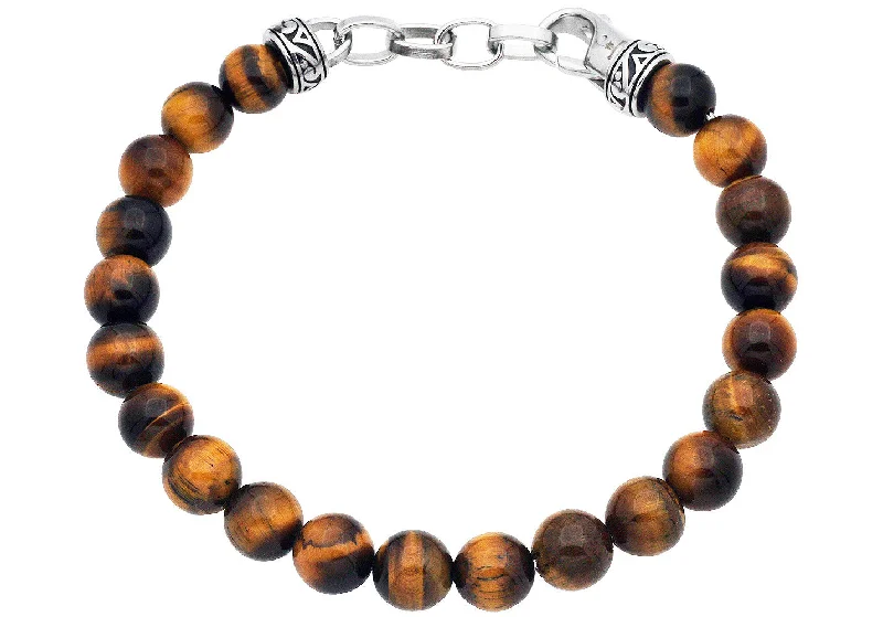 Women’s trendy bracelet-Mens Genuine 8mm Tiger Eye Bead Stainless Steel Bracelet