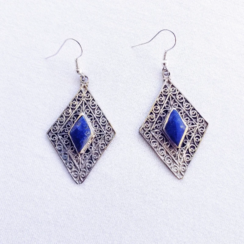 Women’s elegant earrings-Diamond tribal earrings - Lapis