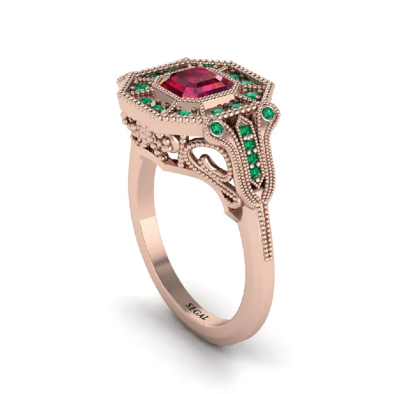 Women’s luxury engagement ring-Ruby Emerald Cut Art Deco Engagement Ring - Dawn No. 26