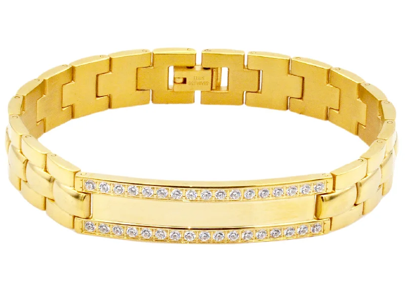 Women’s custom bangles-Mens Gold Plated Stainless Steel ID-Engravable Bracelet With Cubic Zirconia