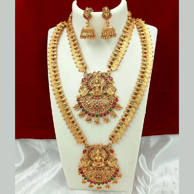 Women’s fashion-forward necklace-Joyful Jewel Art Matte Gold Plated Kundan Stone And Temple Double Necklace Set