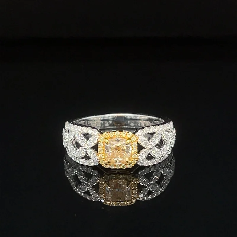 Women’s alternative engagement ring-Yellow & White Diamond Cushion Halo Trellis Engagement Ring in 18k Two-Tone Gold - #609 - RGDIA671156