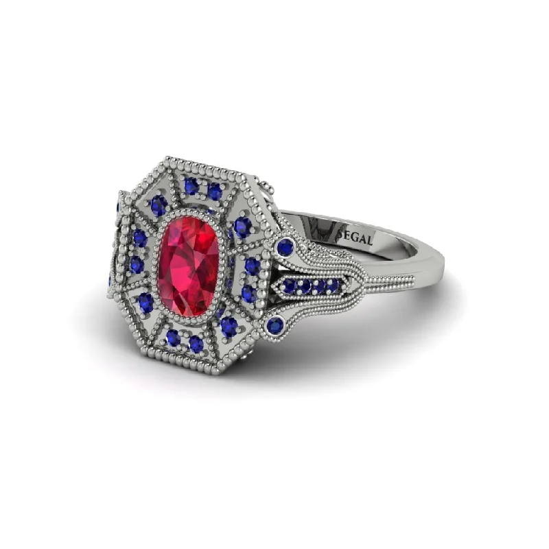 Women’s mixed gemstone engagement ring-Ruby Cushion Cut Art Deco Engagement Ring - Alicia No. 72