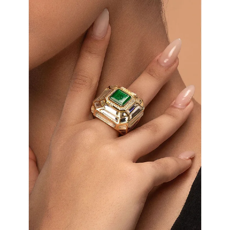 Women’s stacking rings set-Isharya Fiesta Hydro Emerald Deco Ring In 18Kt Gold Plated