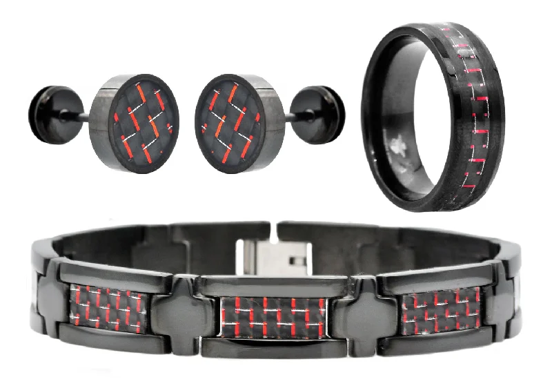 Women’s stackable bracelets-Mens Black Stainless Steel And Red Carbon Fiber Bracelet Ring And Earring Set