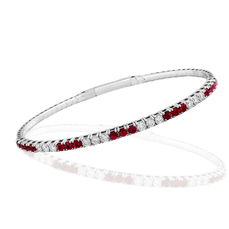 Women’s silver cuff bracelet-18K White Gold 1.94ctw Ruby & Diamond Bangle Bracelet