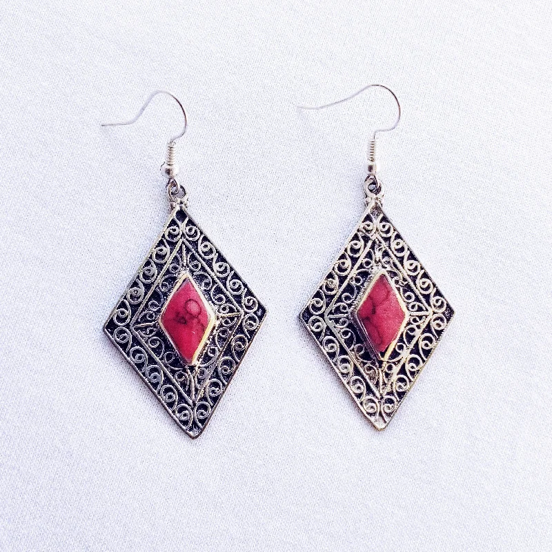 Women’s square earrings-Diamond tribal earrings - Red Stone