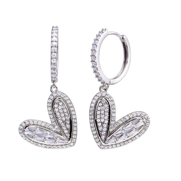 Women’s birthstone stud earrings-Rhodium Plated 925 Sterling Silver CZ Hoop Dangling Wide Heart Earrings