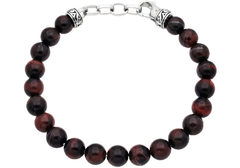 Women’s birthstone bangles-Mens Genuine 8mm Red Tiger Eye Bead Stainless Steel Bracelet