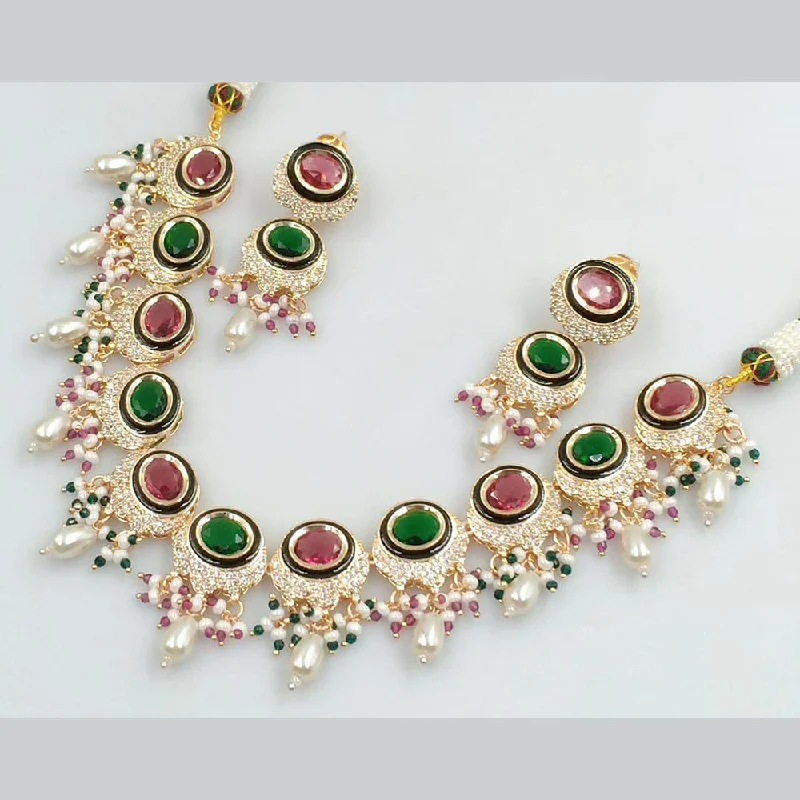 Women’s layered gold necklace-Rani Sati Jewels Gold Plated Crystal Stone And Pearls Necklace Set