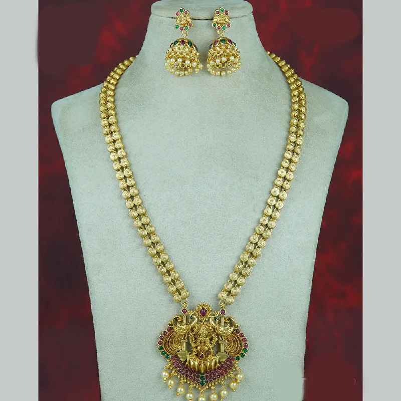 Women’s friendship necklace-Diksha Collection Gold Plated Pota Stone Temple Long Necklace Set