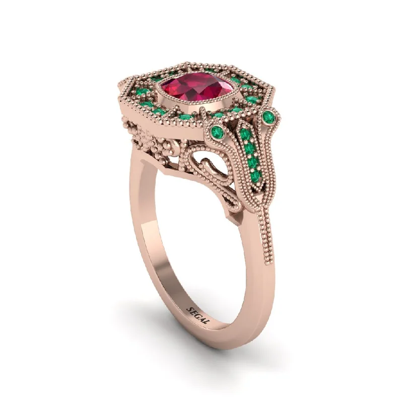 Women’s diamond band engagement ring-Ruby Cushion Cut Art Deco Engagement Ring - Kristin No. 26