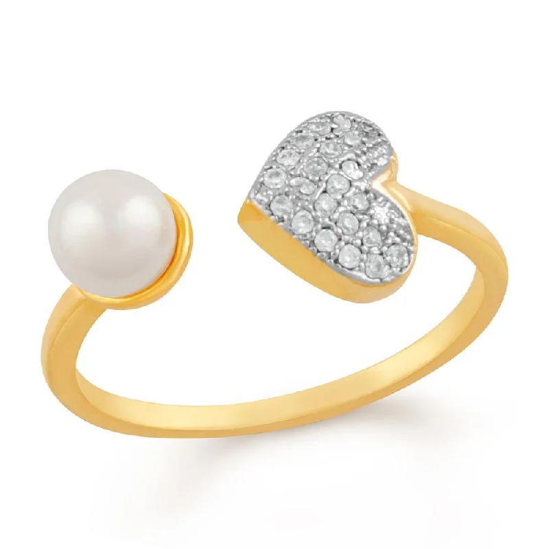 Women’s two-tone ring-Mahi Profuse Love Adjustable Finger Ring With Cubic Zirconia And Artificial Pearl