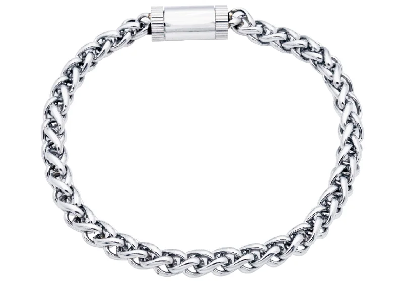 Women’s casual bangles-Mens Stainless Steel Wheat Link Chain Bracelet With Magnetic Clasp