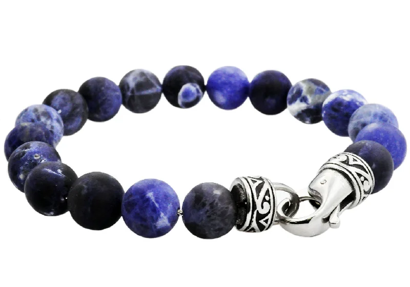 Women’s modern bangle bracelet-Mens Genuine 10mm Sodalite Stainless Steel Beaded Bracelet