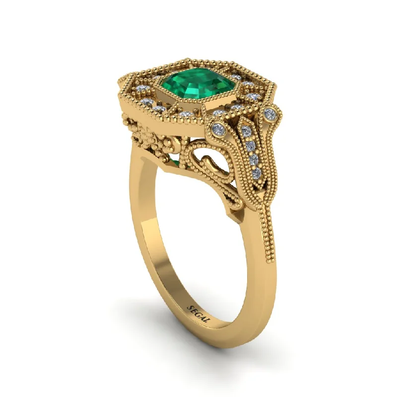 Women’s mixed gemstone engagement ring-Emerald Emerald Cut Art Deco Engagement Ring - Dawn No. 4