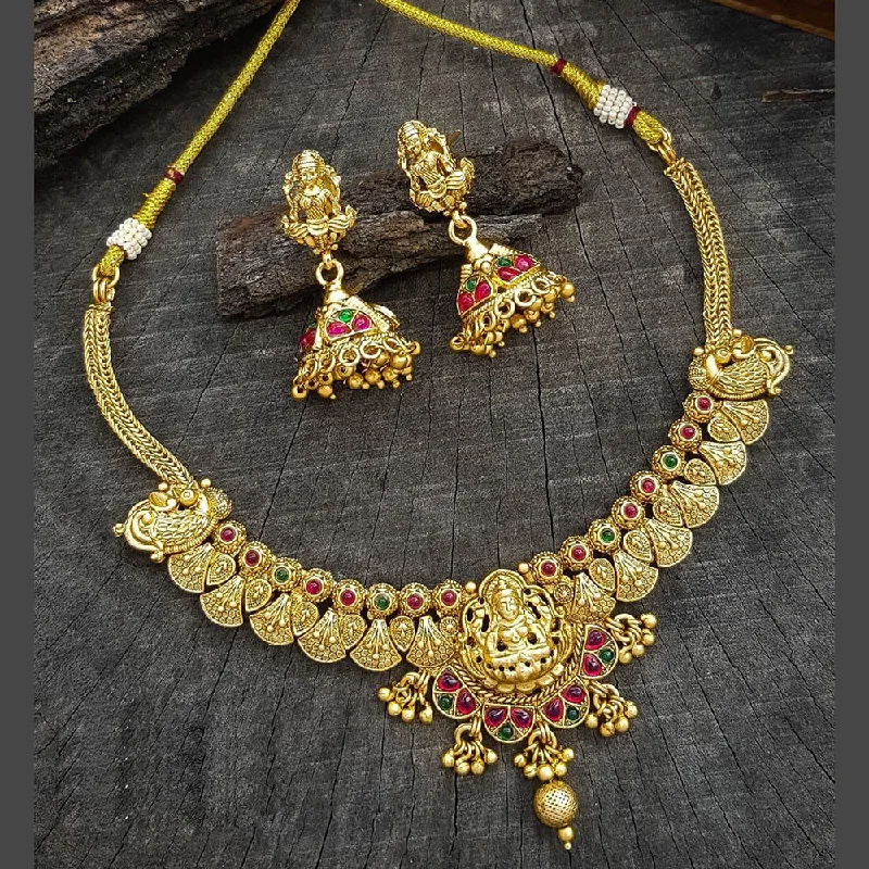 Women’s chic statement necklace-Sangita Creation  Copper Gold  Pota Stone Temple Long  Necklace Set