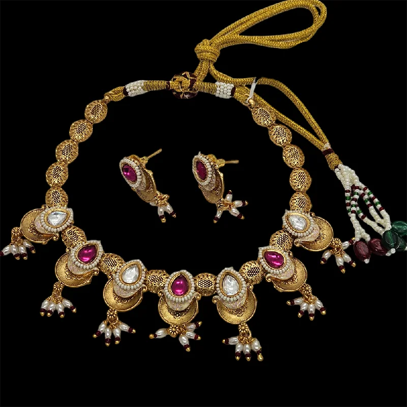 Women’s vintage necklace-Nakoda Jewels Brass Copper Gold Plated Pota Stone And Pearls Necklace Set