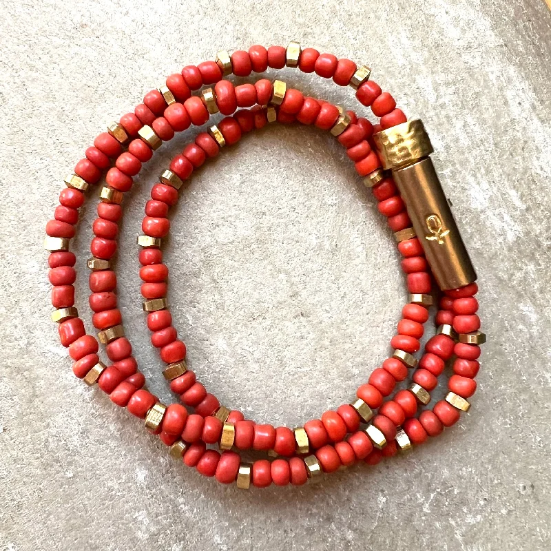 Women’s simple bracelet-Coral Red Shine Wrap Bracelet / Wish Necklace