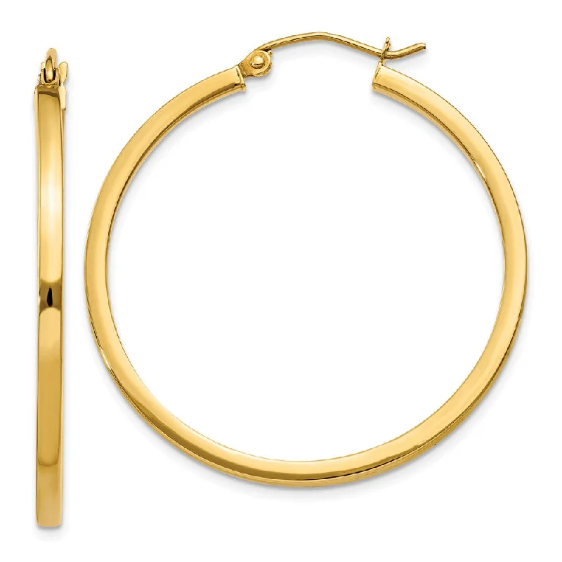 Women’s chunky earrings-2mm, 14k Yellow Gold Square Tube Round Hoop Earrings, 35mm (1 3/8 In)