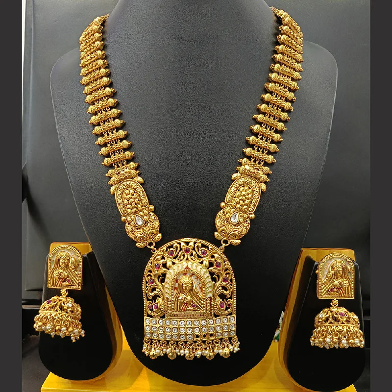 Women’s crystal pendant necklace-Jain Jewellers Gold Plated Kundan Stone And Meenakari Temple Long Necklace Set