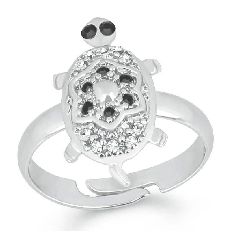 Women’s cocktail ring-Mahi Rhodium Plated Tortoise Love Designer Unisex Finger Ring With Crystal Stone