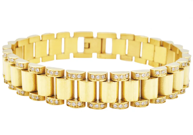 Women’s wedding bracelet-Mens Gold Stainless Steel Link Bracelet With 150 CZs