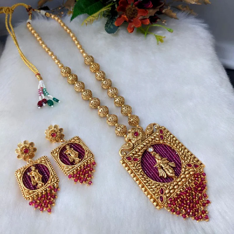 Women’s customized necklace-Aamrapali Gold Plated Long Temple Necklace Set